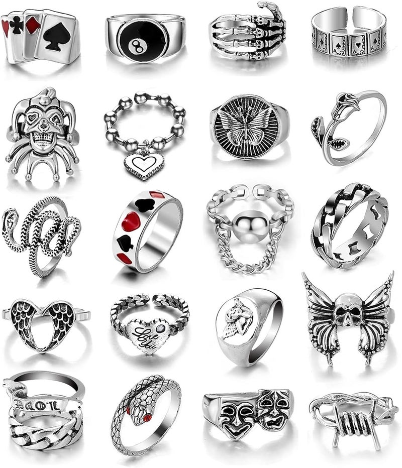 17IF 26-35 Pcs Vintage Silver Knuckle Rings Set for Women Men, Grunge Gothic Rings Chunky Aesthetic Snake Stackable Adjustable Punk Bulky Finger Alt Fairy Skull Frog Heart Star Flower Midi Ring Pack - Image 1